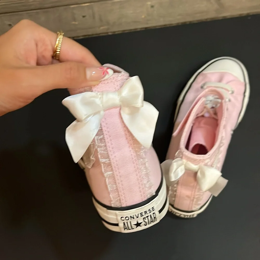 Converse pink girly shoes frilly coquette lace pretty bows back to school cool